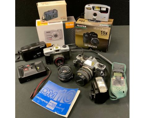 Cameras - an Olympus OM10 SLR camera, 35-70mm lens, Hanimex F-28 lens, Rollei digital camera etc qty 