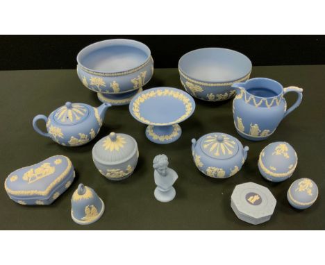 Wedgwood - a powder blue Jasperware inc pedestal fruit bowl, 22cm diameter;  others,  Batchelors tea pot,  sucrier,  comport,