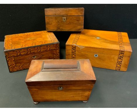 A 19th century mahogany sarcophagus shaped tea caddy, 22cm wide, c.1940;  a Victorian rectangular work box, banded in Tunbrid