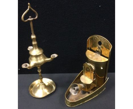 Brass &amp; Copper - a Dutch cone lamp, brass body, paraffin reservoir, hand embellished scrolling decoration;  a brass three