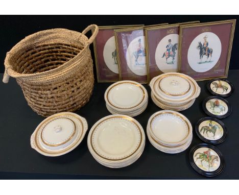 A Midwinter Palace pattern part dinner service, gilt and black decoration, cream body, printed marks;  military pot lids;  wi