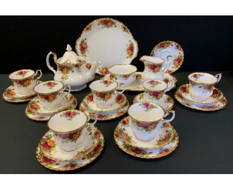 A Royal Albert Old Country Rose pattern six setting tea set inc tea pot, cups, saucers, side plates, cake plate, sandwich tra