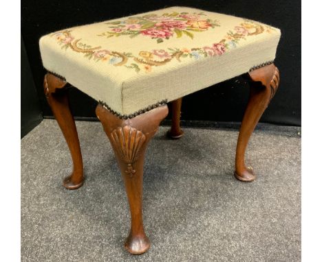 A George III foot stool, cabriole legs, tapestry top, 42cm tall. 