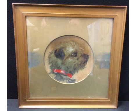 A 19th century portrait plaque, Terrier Dog, 18cm diameter, gilt frame 