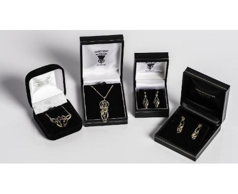 NINE CARAT GOLD RENNIE MACKINTOSH PENDANT AND EARRINGS
along with a pair of Arts and Crafts style earrings, and a Celtic styl
