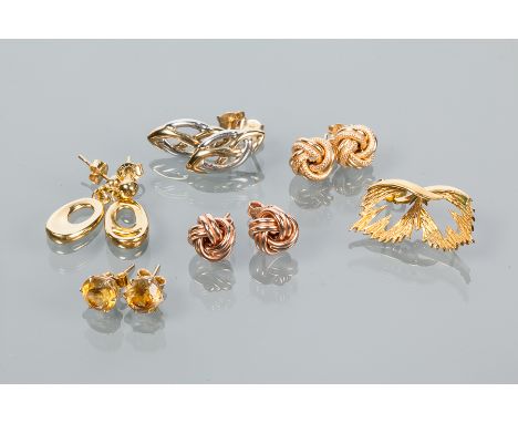 SIX PAIRS OF GOLD EARRINGS
comprising of two knot design pairs, a Celtic design pair, a pair of oval drops, a citrine set pai