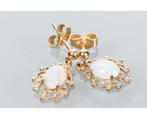 PAIR OF OPAL DROP EARRINGS
with scrolling border, hallmarked nine carat gold
