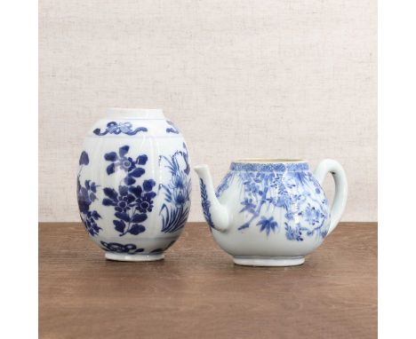 A Chinese blue and white jar,Kangxi (1662-1722), of lobed ovoid form on a circular foot, painted with morning glory, peony, l