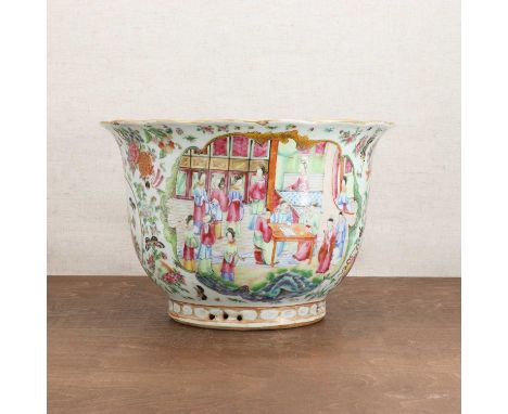 A Chinese Canton famille rose jardinière,19th century, the rounded sides rising from a circular foot to a flared lobed rim, p