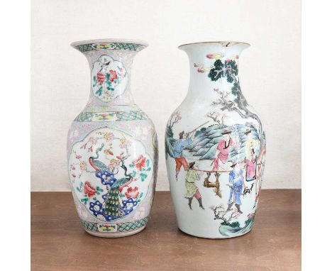 A Chinese famille rose vase,19th-20th century, of tapering form with an everted rim, painted with peacocks and peony in shape