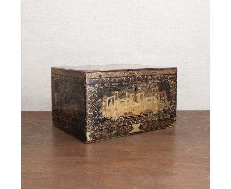 A Chinese gilt-lacquered tea caddy,19th century, of rectangular form, painted with figures gathering in a garden, in shaped p