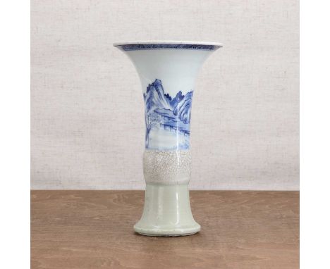 A Chinese blue and white gu vase,Kangxi (1662-1722), of slender elongated form, rising from an everted foot to a slightly bul