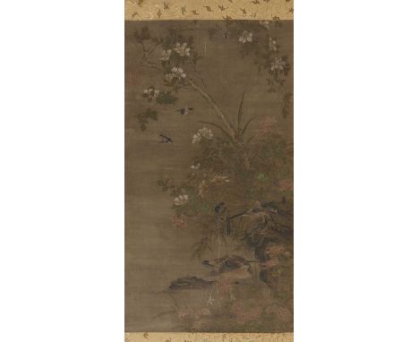 A Chinese hanging scroll,painted with birds amongst flowers, ink and colour on silk with a collector's seal to the upper left