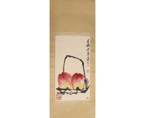 A Chinese gouache painting, 20th century, in the style of Qi Baishi (1864-1957), painted with a basket of peaches, inscribed 