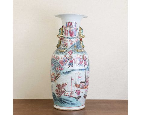 A large Chinese Canton famille rose vase,19th century, of tapering form, the rounded sides rising from a circular foot to a f