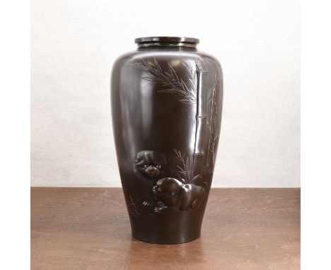 A large Japanese bronze vase,Meiji period (1868-1912), the tapering body rising to a rounded shoulder with an everted rim, de