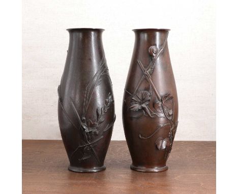 A pair of Japanese bronze vases,Meiji period (1868-1912), each of olive form, decorated with morning glory or other flowers i