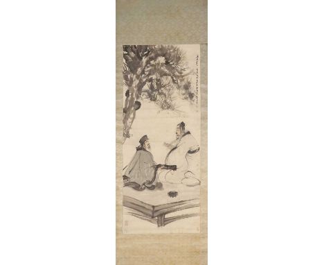 A Chinese hanging scroll,20th century, in the style of Fu Baoshi (1904-1965), painted with two literati seated under a pine t