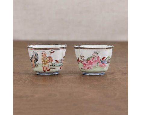 A pair of Chinese painted enamel wine cups,19th century, each of shaped square form, decorated with a literatus seated under 