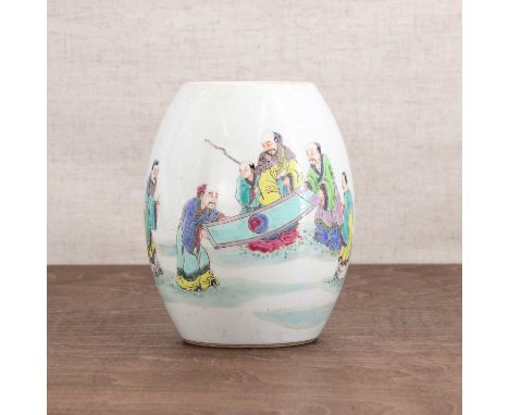 A Chinese famille rose vase,18th century, of ovoid form, painted with literati studying a hanging scroll in a garden, accompa