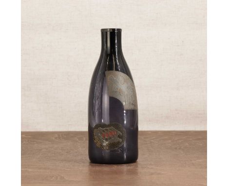 A Japanese glass sake bottle,Edo period, first half of the 19th century, the blue glass with silver ornaments of ju character