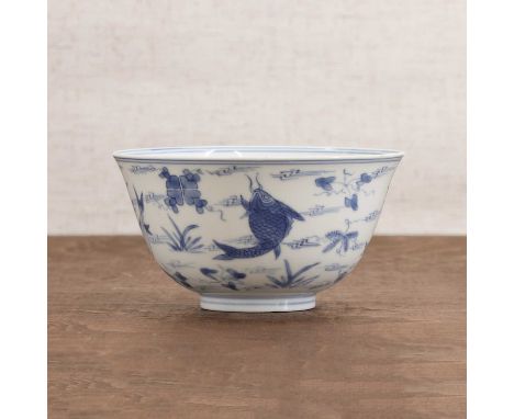 A Chinese blue and white bowl, Kangxi (1662-1722), the rounded sides rising from a circular foot to a flared rim, painted wit