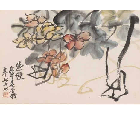 A Chinese album,20th century, in the style of Wu Changshuo (1844-1927), each page painted with blossoming flowers, dated year
