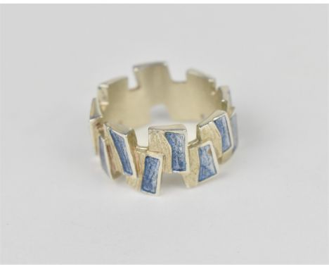 A Shiela Fleet silver and enamelled Flagstone ring with asymmetric design hand enamelled in their Orkney workshopLocation: 
