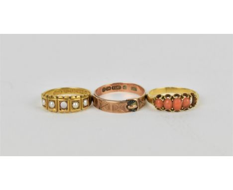 An Edwardian 15ct yellow gold and split pearl half eternity ring, together with a yellow metal and coral ring, set with five 