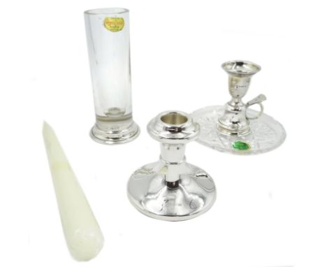 Ex retail: Silver dwarf candlestick, crystal silver mounted chamber stick and and posy vase, all hallmarked and boxed (3)