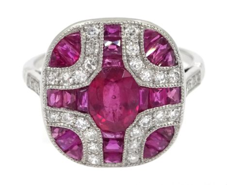 Platinum ruby and diamond panel dress ring Condition Report Tested as platinum, size N, head size = 15mm x 13mm 