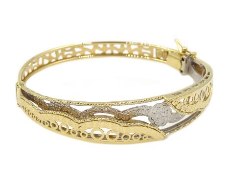 Asian 18ct white and yellow gold open work hinged bangle, stamped 750, approx 11.7gm Condition Report Good condition, bought 