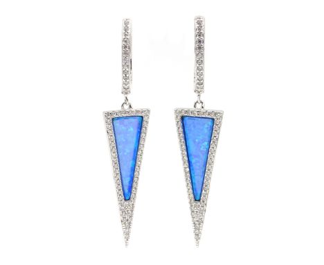 Pair of silver opal and cubic zirconia triangle pendant earrings, stamped 925 Condition Report Click here for further images,