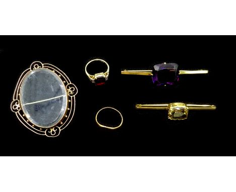 Victorian gold mounted oval brooch, two gold citrine and amethyst bar brooches, all stamped 9ct, garnet ring and signet ring,