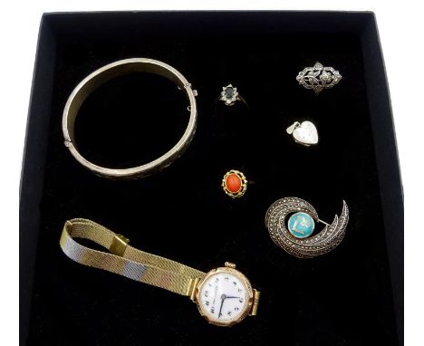 9ct gold coral ring and 9ct gold stone set cluster ring, silver marcasite ring and brooch, early 20th century 9ct gold watch 