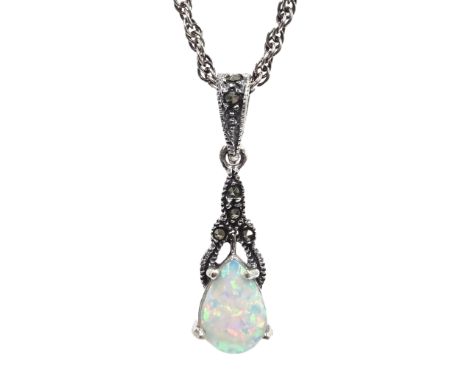 Silver opal and marcasite pendant necklace, stamped 925 Condition Report Click here for further images, condition, auction ti