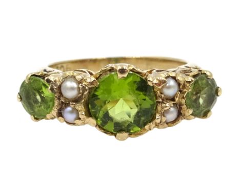 Gold three stone peridot and split seed pearl ring, stamped 9ct Condition Report Approx 3.32gm, size J