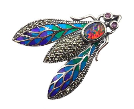 Silver plique-a-jour opal, marcasite and amethyst insect pendant/brooch, stamped 925