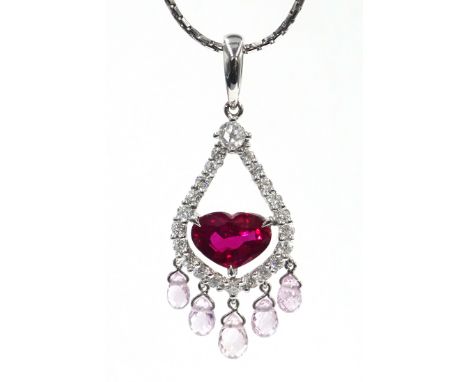 18ct white gold heart shaped ruby, diamond and sapphire pendant, stamped 750 18K on white gold necklace, hallmarked 18ct, ret