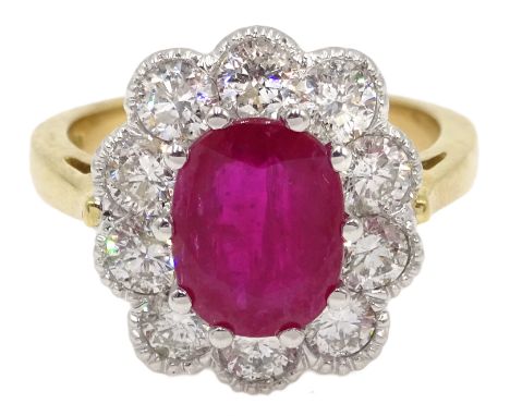 18ct gold oval ruby and round brilliant cut diamond cluster ring, ruby 2.50 carat, total diamond weight 1.50 carat