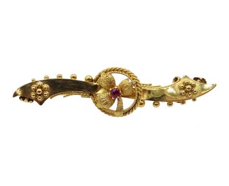 Victorian 15ct gold ruby set bar brooch, Chester 1900 Condition Report 2.54gm, back pin also gold