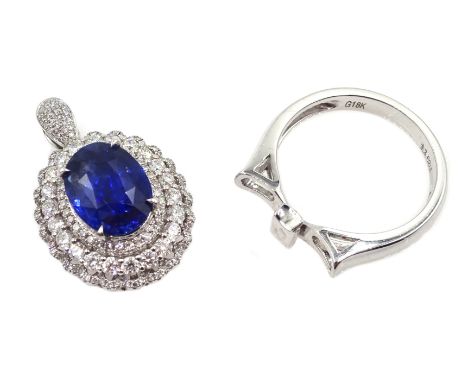 18ct white gold sapphire and diamond cluster ring/pendant, sliding shank with hidden pendant bail, stamped 18K sapphire 3.62 