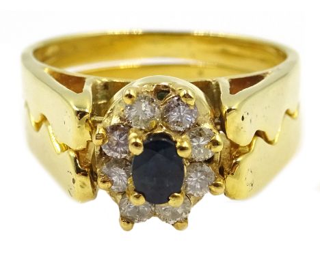 Gold sapphire and diamond cluster/larimar reversible flipover ring stamped 14K, Condition Report size P, approx 6.4gm