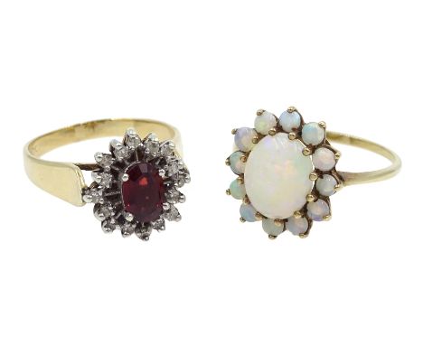 Gold opal cluster ring and a garnet and diamond cluster ring, both hallmarked 9ct  Condition Report Approx 6.18gm grossOpal s