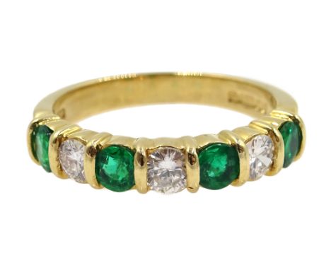 18ct gold seven stone emerald and diamond half eternity ring, hallmarked Condition Report Approx 4gm, size M-N