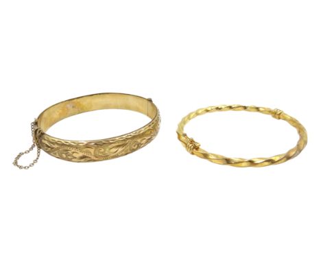 9ct gold hinged bangle with engraved decoration hallmarked a 9ct gold twist bangle stamped 375, approx 17.2gm