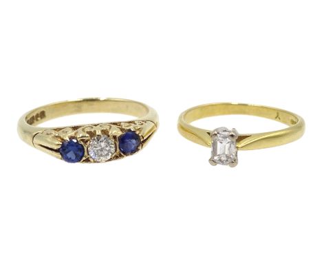 18ct gold baguette diamond solitaire ring and 9ct gold three stone diamond and sapphire ring, both hallmarked Condition Repor