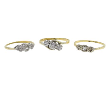 Three 18ct gold three stone diamond rings, all stamped 18ct Condition Report Approx 4.6gm, one size G-H, two L-M