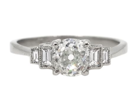 Platinum round and baguette cut diamond ring, stamped Plat, central diamond approx 0.83 carat