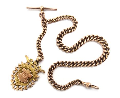 Early 20th century rose gold tapering Albert chain with T bar and clip by P&amp;M Ltd, each link stamped 9 375 with gold meda